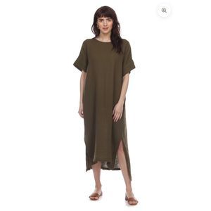 Honest Cotton Maxi Dress One size Green Laguna Muslin Back Pleat Side Slit Loose